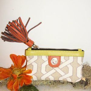 Spartina Zip Top Coin Purse Tan White Natural Linen Green Orange Leather 5.5x4